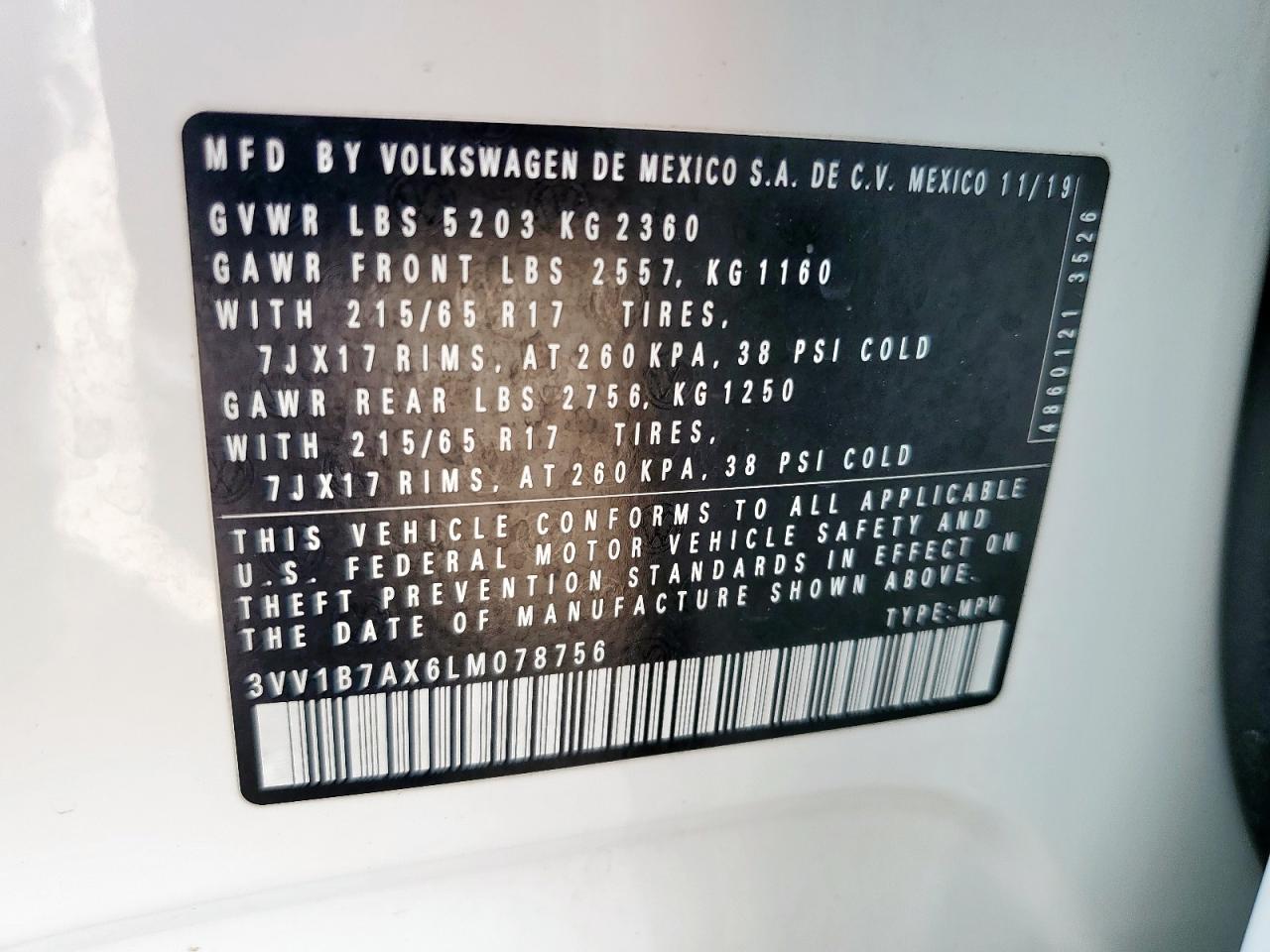 2020 Volkswagen Tiguan S VIN: 3VV1B7AX6LM078756 Lot: 81769015