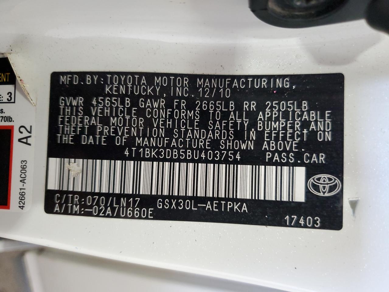 2011 Toyota Avalon Base VIN: 4T1BK3DB5BU403754 Lot: 83864945