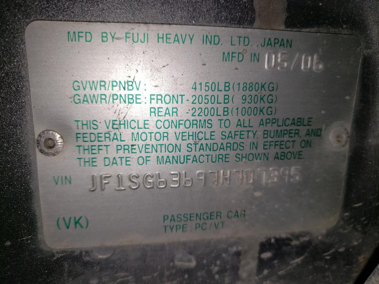 2007 Subaru Forester 2.5X VIN: JF1SG63697H707395 Lot: 83835865