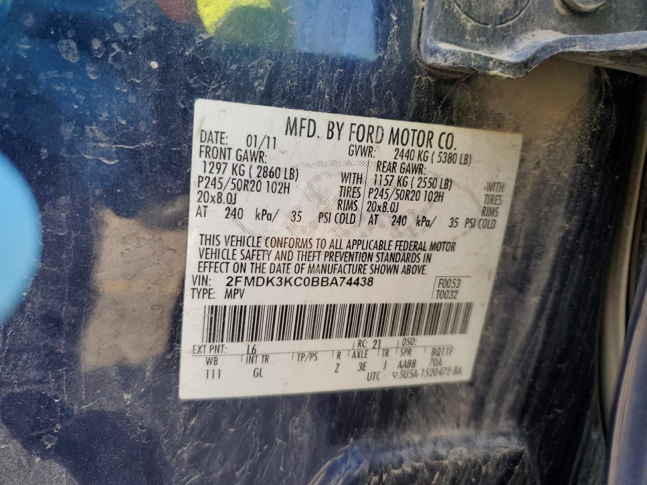2011 Ford Edge Limited VIN: 2FMDK3KC0BBA74438 Lot: 81454065