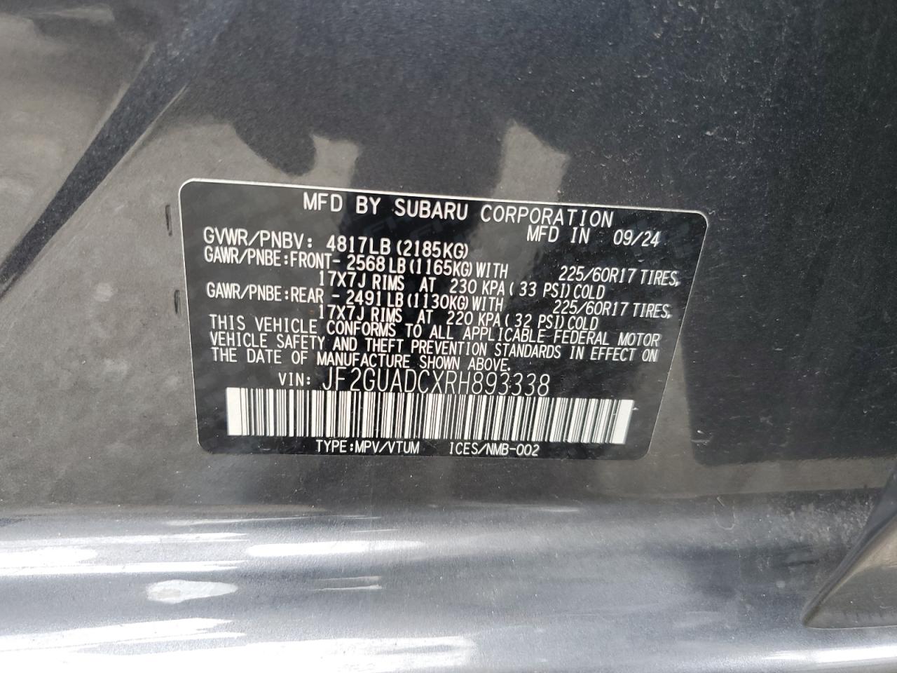 2024 Subaru Crosstrek Premium VIN: JF2GUADCXRH893338 Lot: 80853025