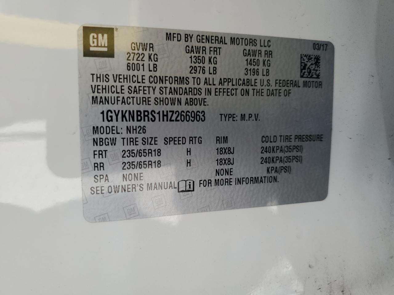 2017 Cadillac Xt5 Luxury VIN: 1GYKNBRS1HZ266963 Lot: 83989685