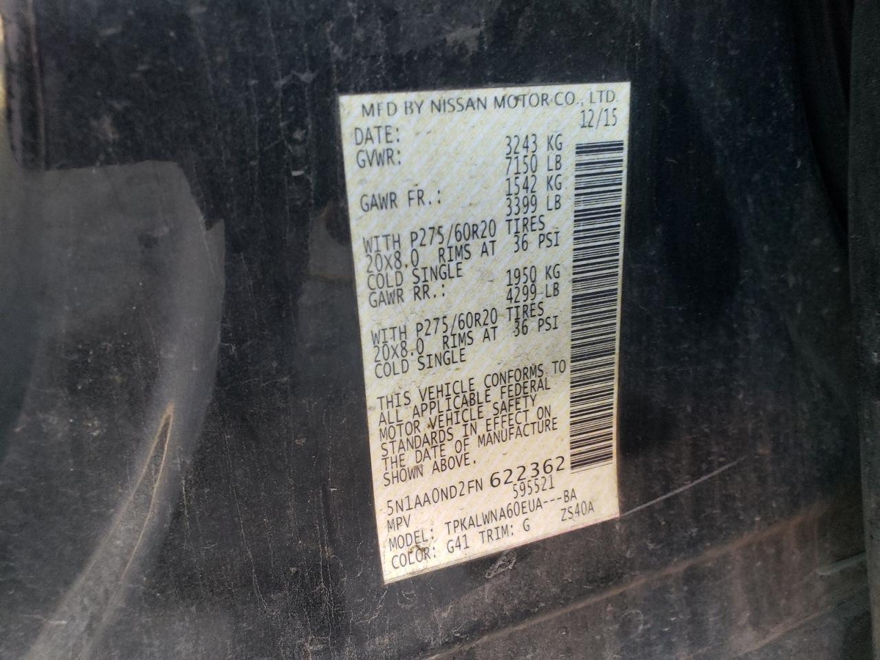 2015 Nissan Armada Sv VIN: 5N1AA0ND2FN622362 Lot: 80541855