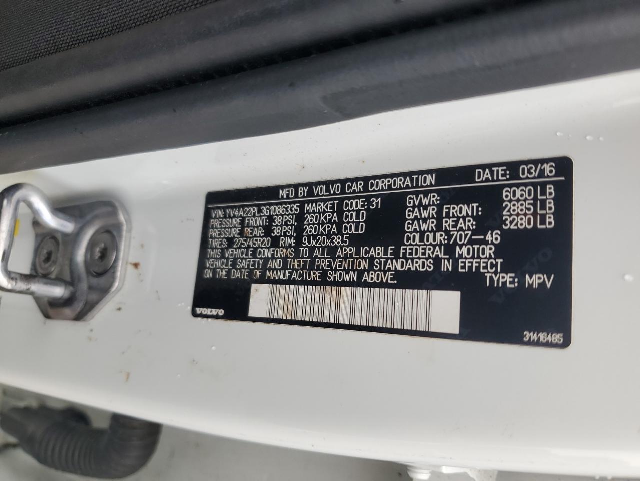 2016 Volvo Xc90 T6 VIN: YV4A22PL3G1086335 Lot: 84001635