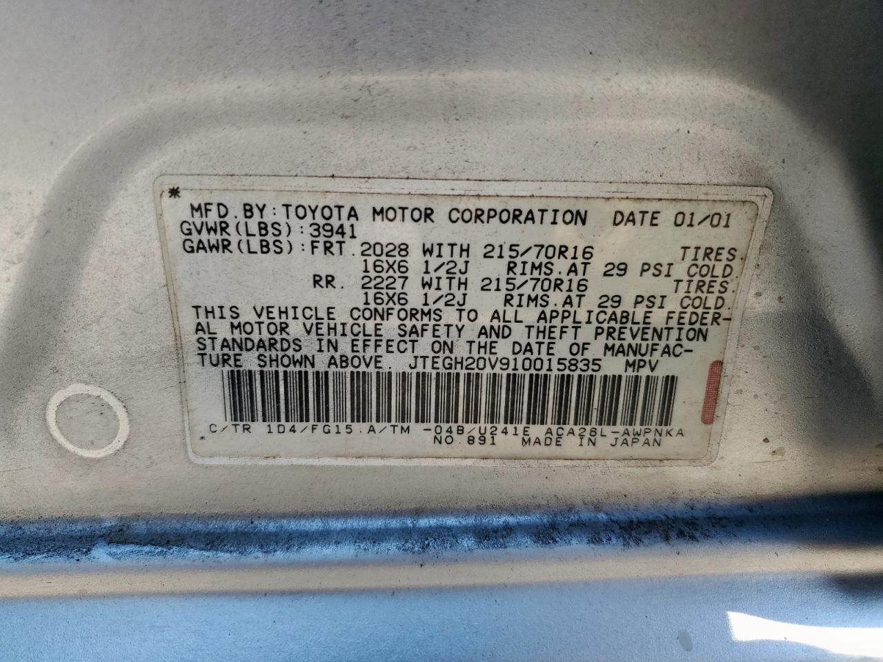 2001 Toyota Rav4 VIN: JTEGH20V910015835 Lot: 83977535