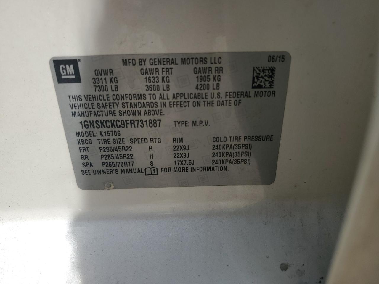 2015 Chevrolet Tahoe K1500 Ltz VIN: 1GNSKCKC9FR731887 Lot: 81189765