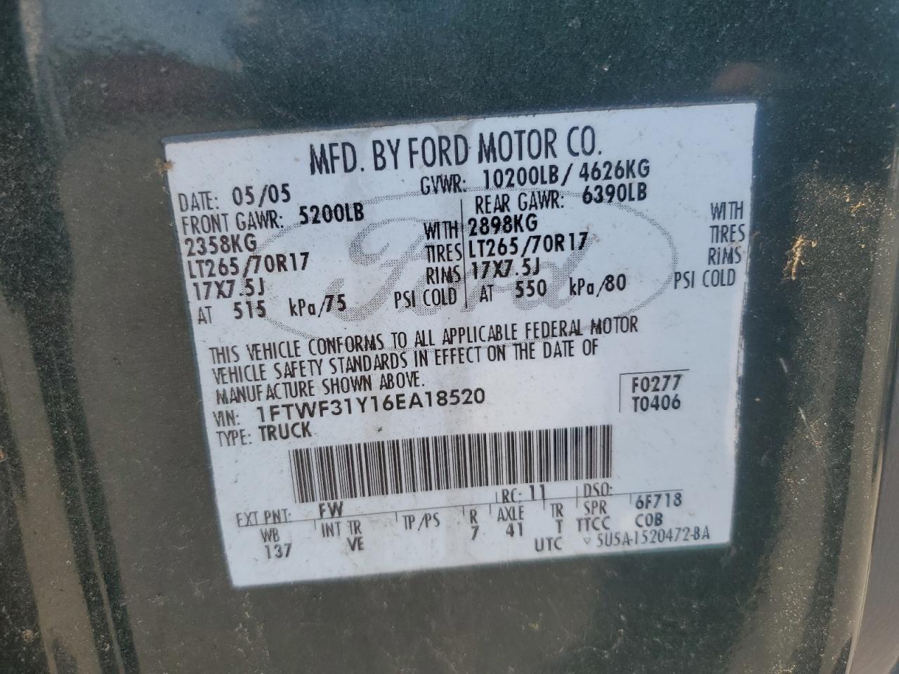 2006 Ford F350 Srw Super Duty VIN: 1FTWF31Y16EA18520 Lot: 85185815