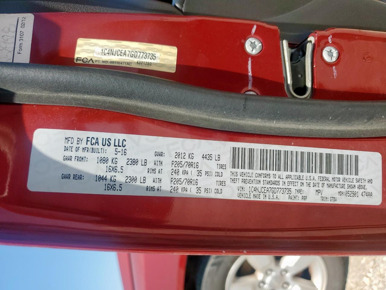 2016 Jeep Compass Latitude VIN: 1C4NJCEA7GD773735 Lot: 71668755