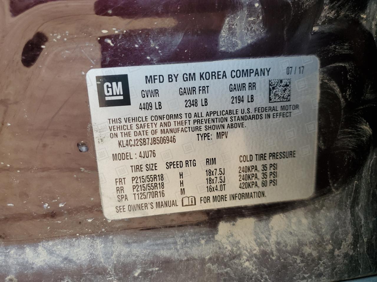 2018 Buick Encore Sport Touring VIN: KL4CJ2SB7JB506946 Lot: 81082055