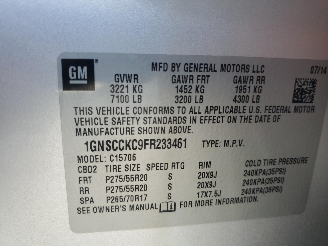 2015 Chevrolet Tahoe C1500 Ltz VIN: 1GNSCCKC9FR233461 Lot: 83802745