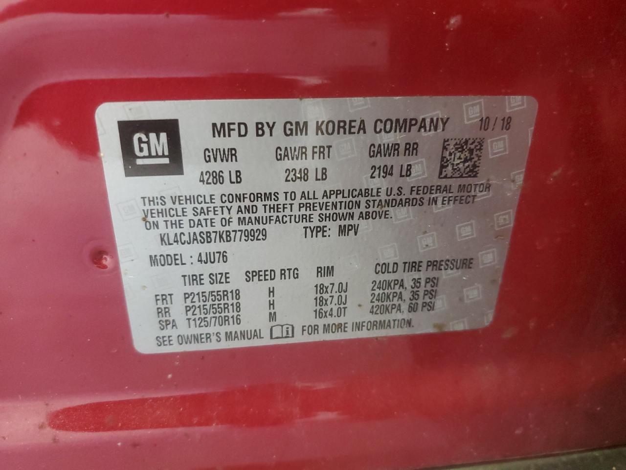 2019 Buick Encore Preferred VIN: KL4CJASB7KB779929 Lot: 71023115