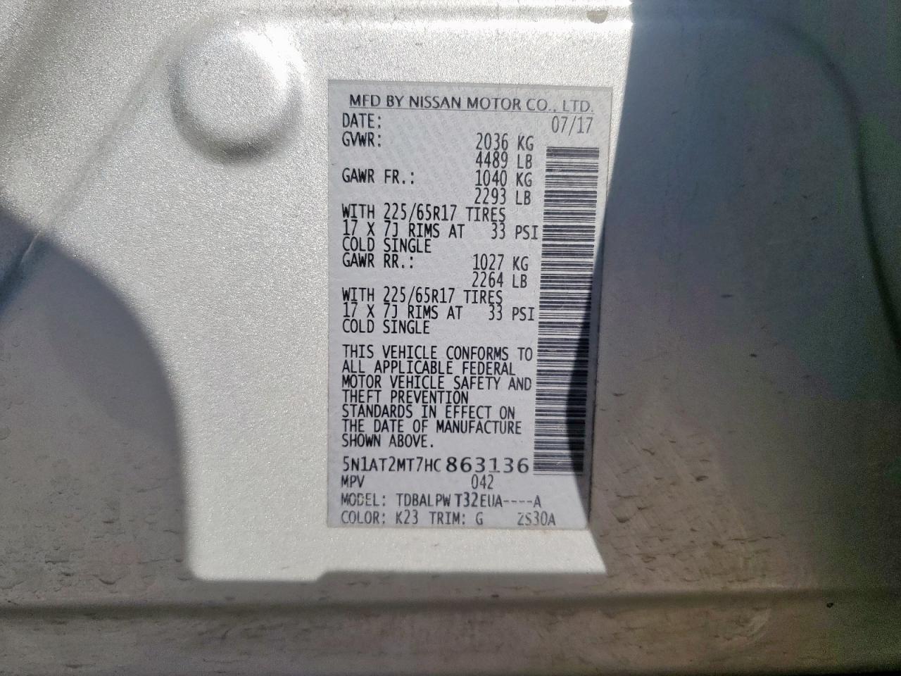 2017 Nissan Rogue S VIN: 5N1AT2MT7HC863136 Lot: 84605235