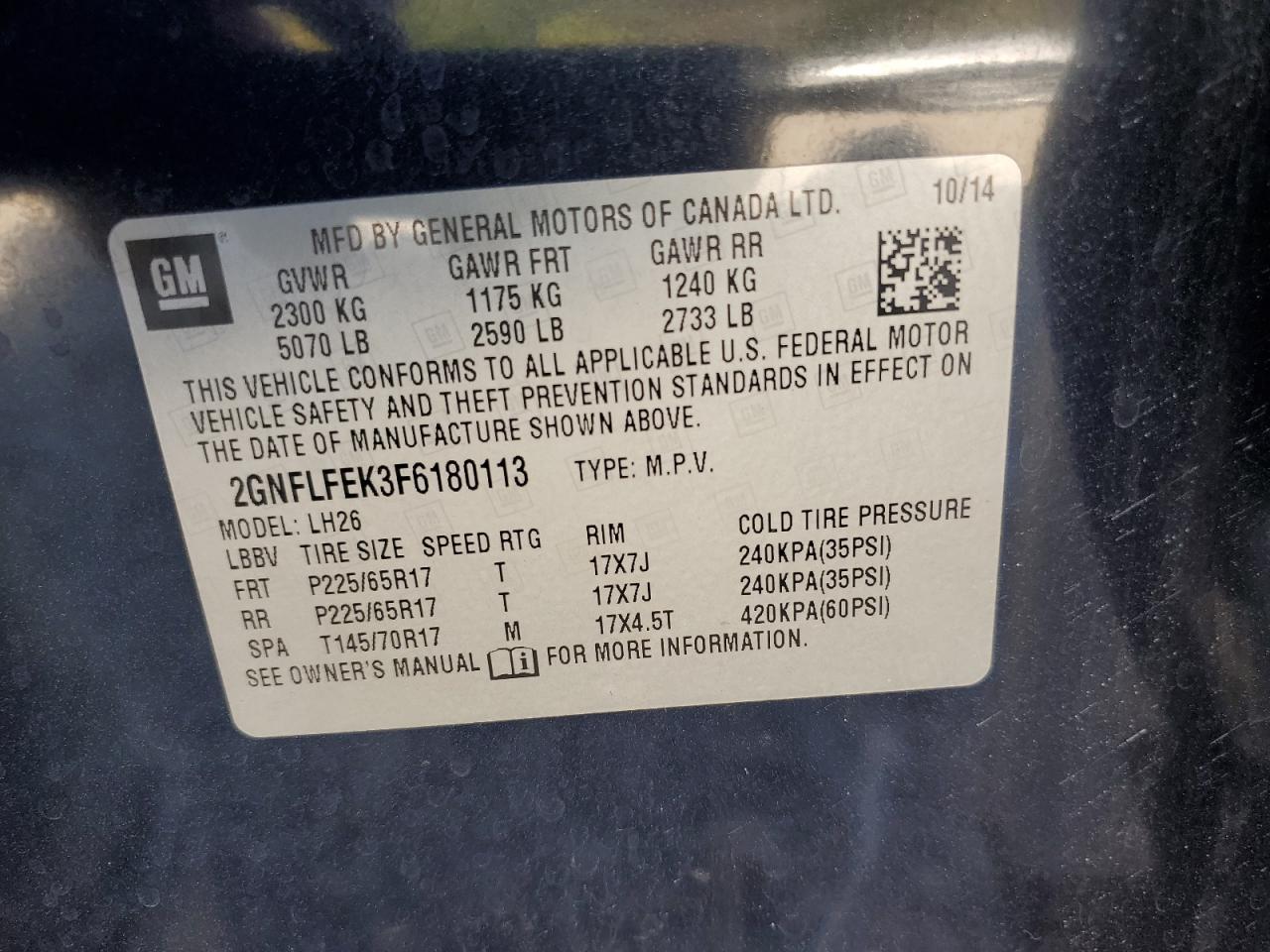 2015 Chevrolet Equinox Lt VIN: 2GNFLFEK3F6180113 Lot: 80557425