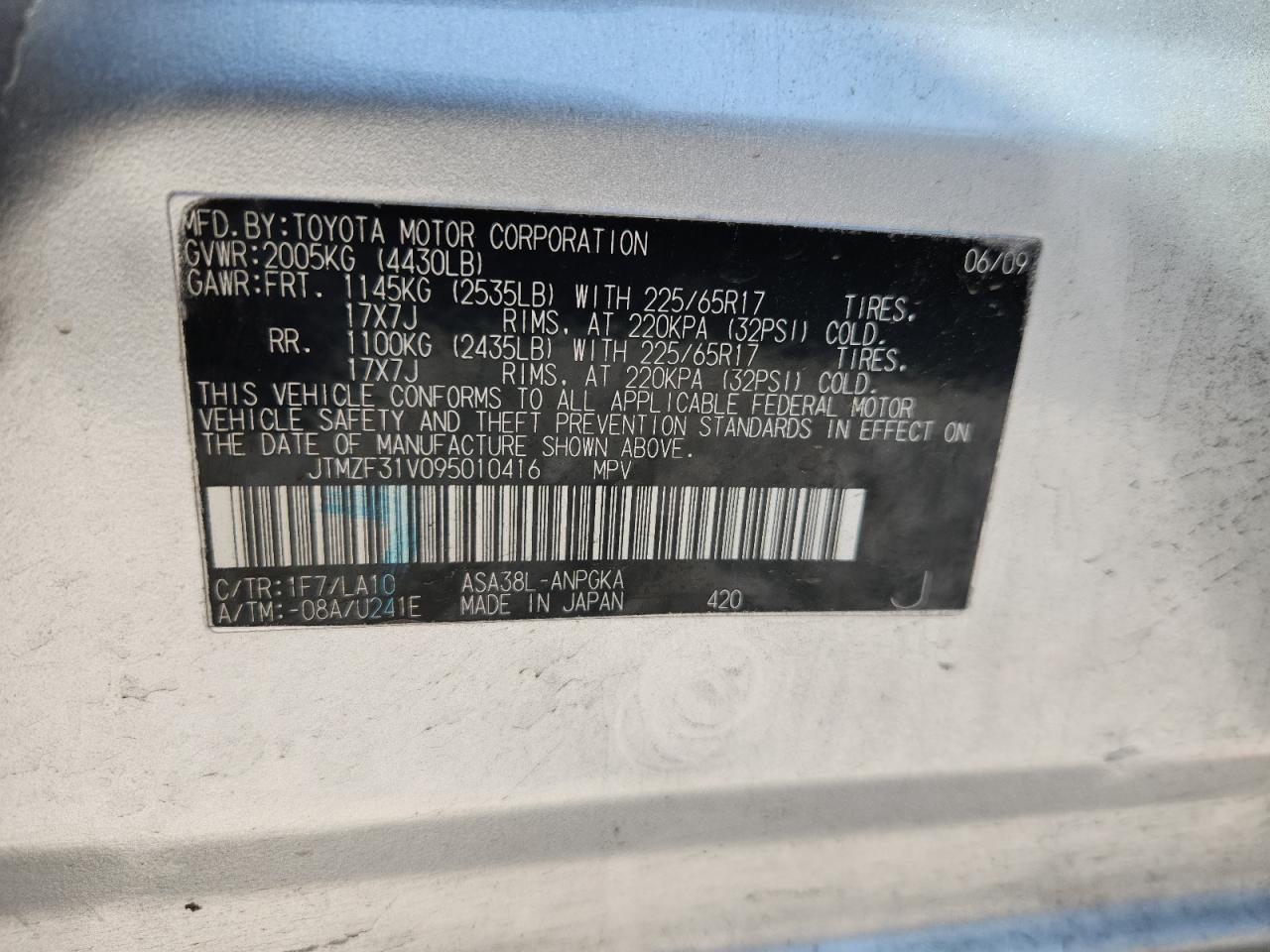 2009 Toyota Rav4 Limited VIN: JTMZF31V095010416 Lot: 80670975