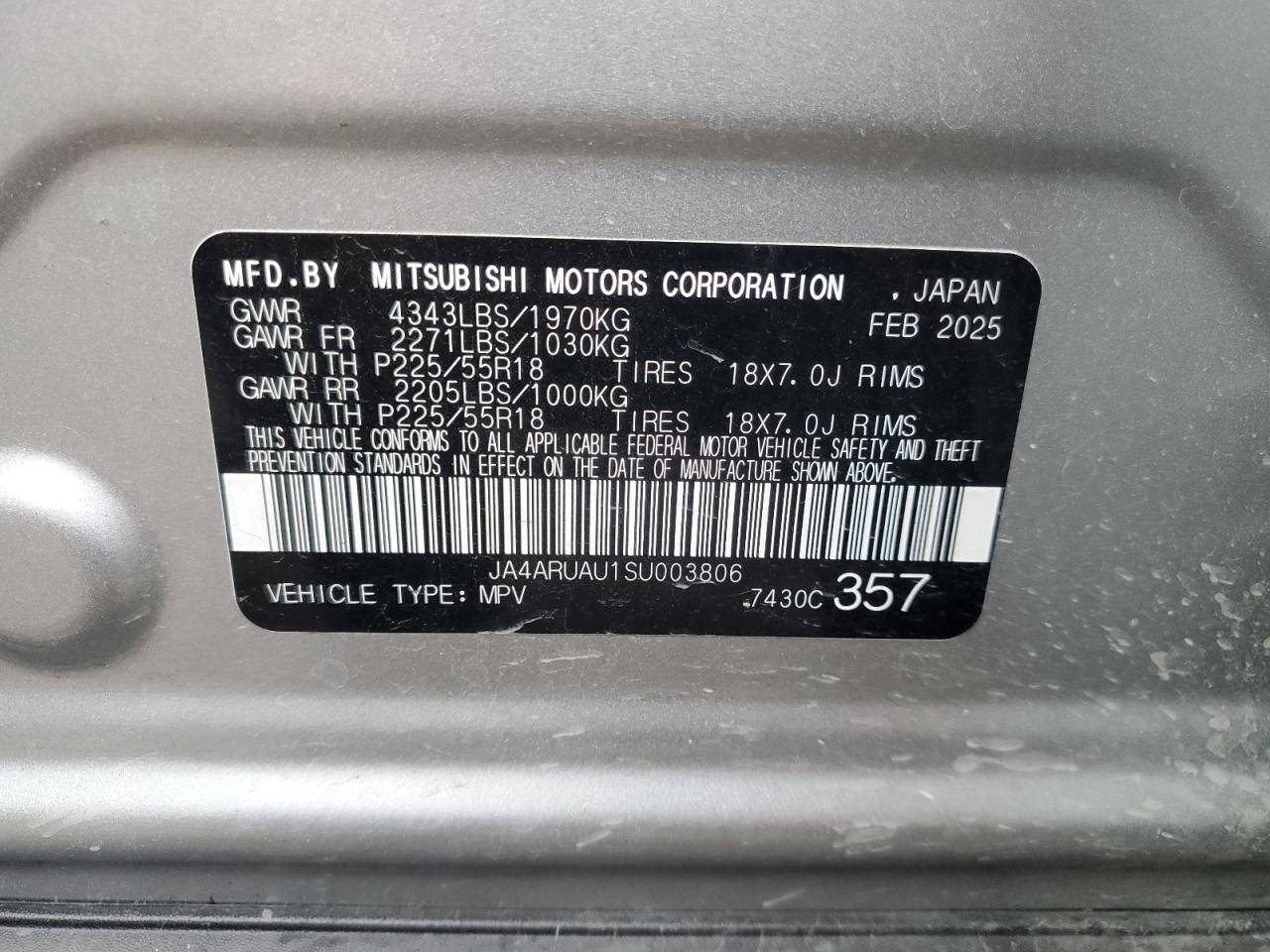 2025 Mitsubishi Outlander Sport S VIN: JA4ARUAU1SU003806 Lot: 84185115