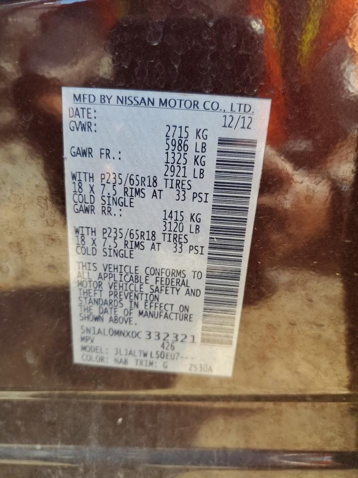 2013 Infiniti Jx35 VIN: 5N1AL0MNXDC332321 Lot: 84466885