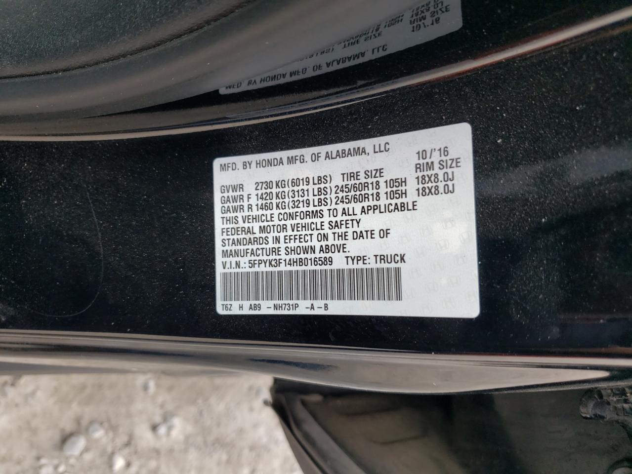 2017 Honda Ridgeline VIN: 5FPYK3F14HB016589 Lot: 81725105