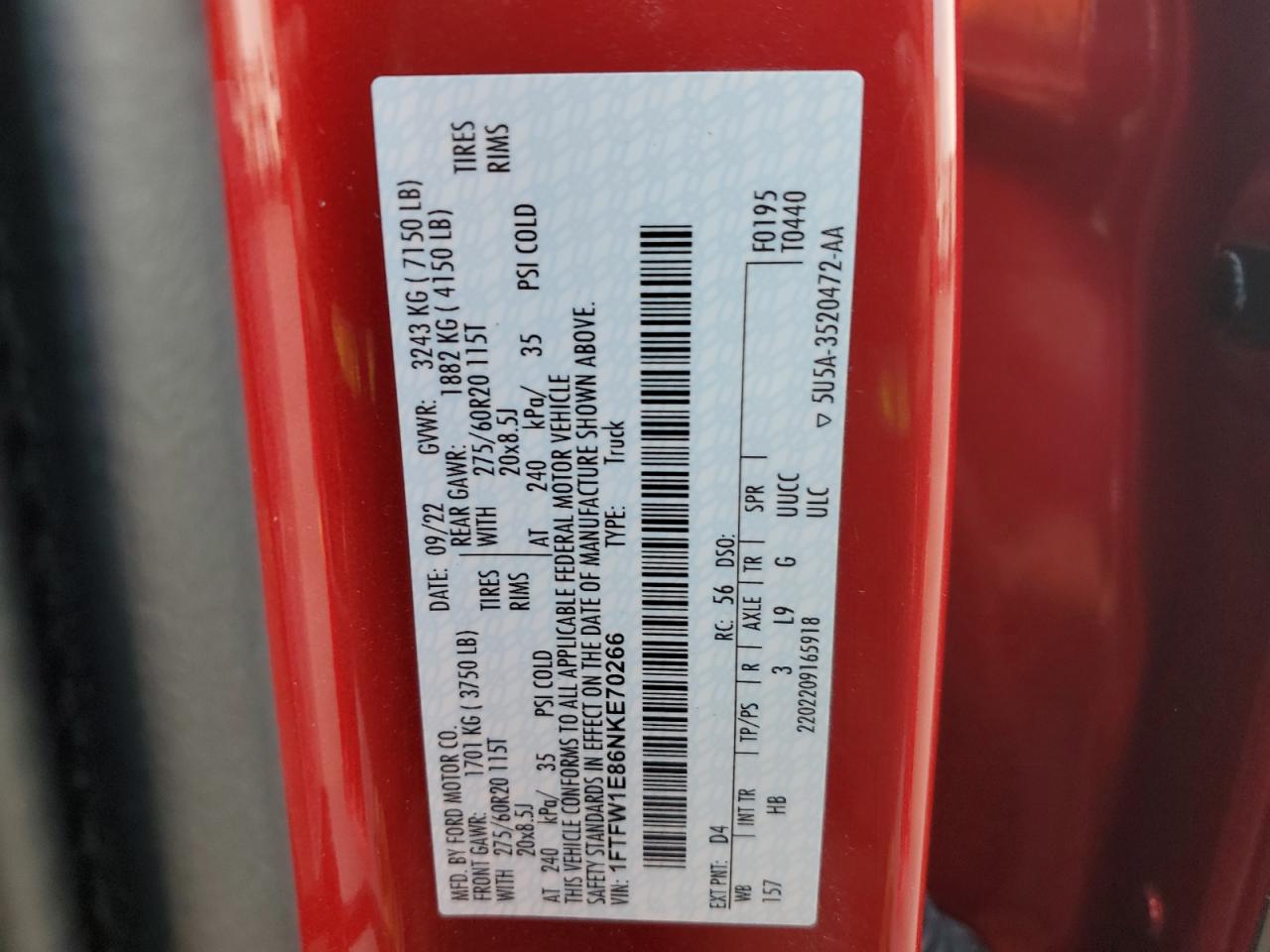 2022 Ford F150 Supercrew VIN: 1FTFW1E86NKE70266 Lot: 71448575