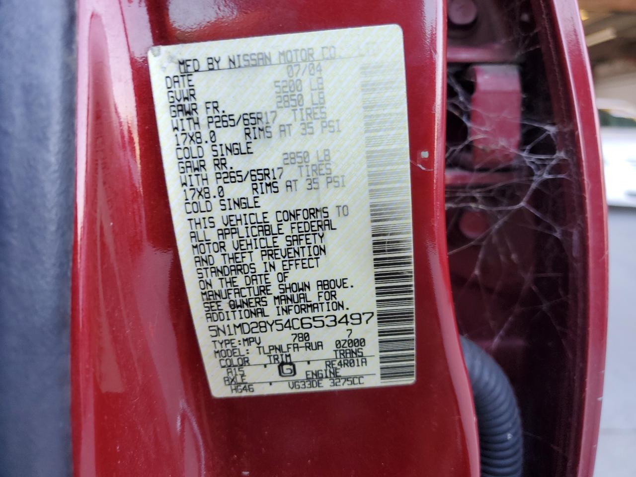 2004 Nissan Xterra Se VIN: 5N1MD28Y54C653497 Lot: 70332055