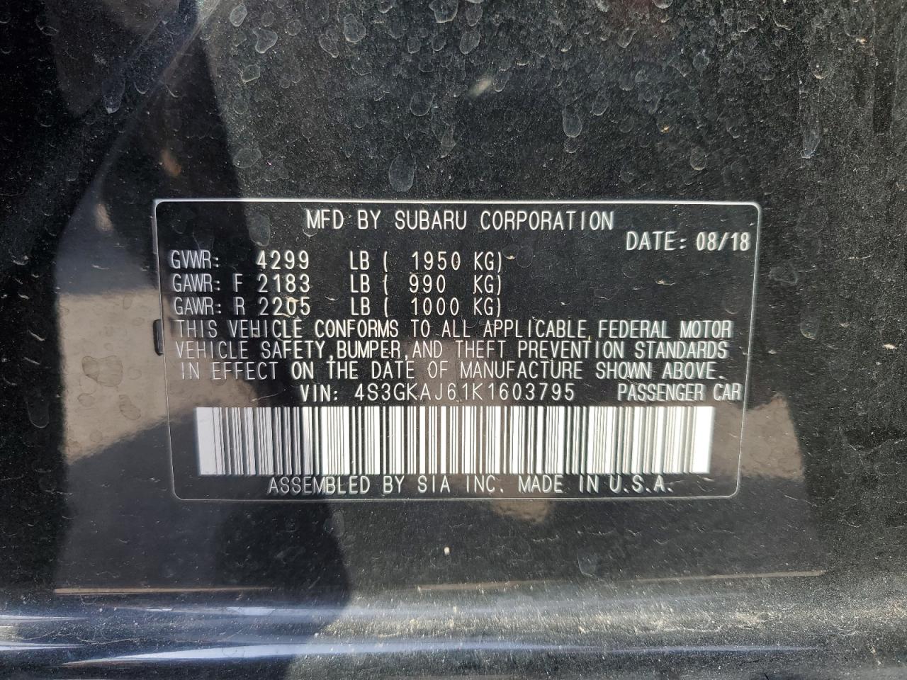 2019 Subaru Impreza Sport VIN: 4S3GKAJ61K1603795 Lot: 84003585