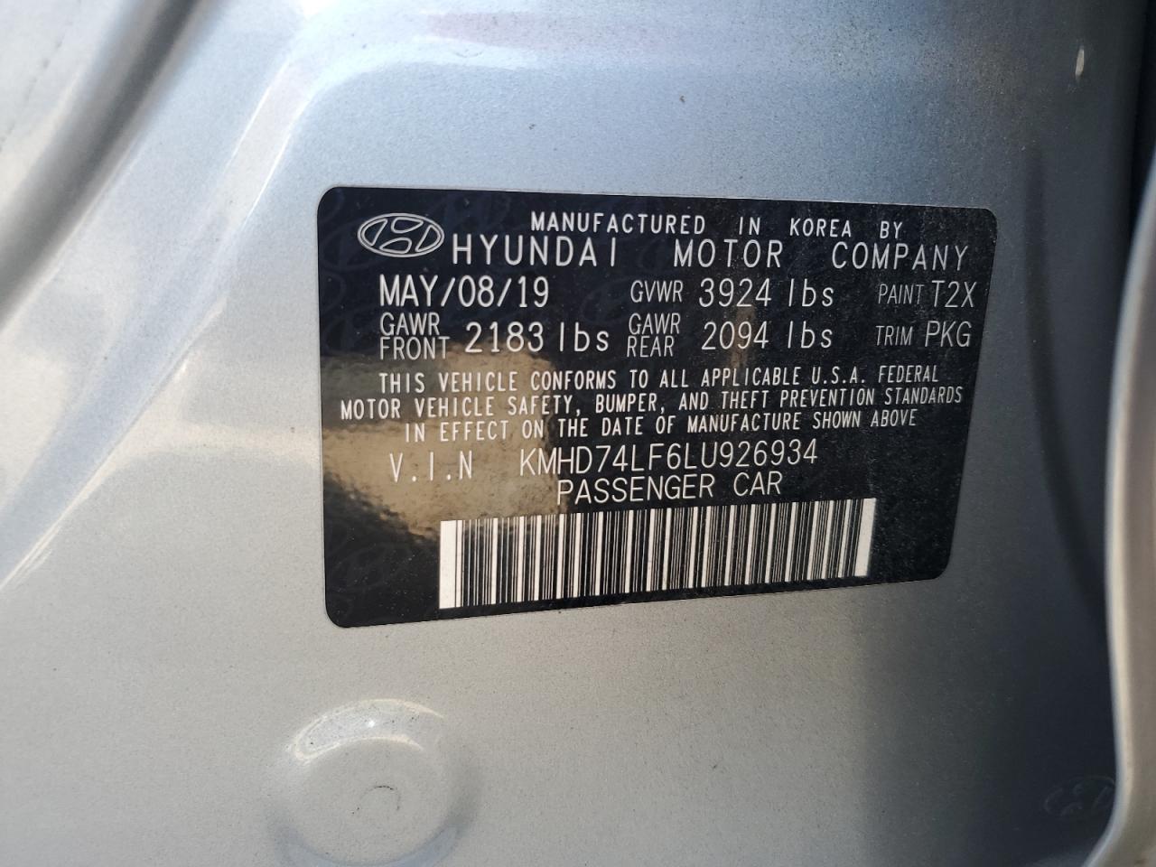 2020 Hyundai Elantra Se VIN: KMHD74LF6LU926934 Lot: 81464135