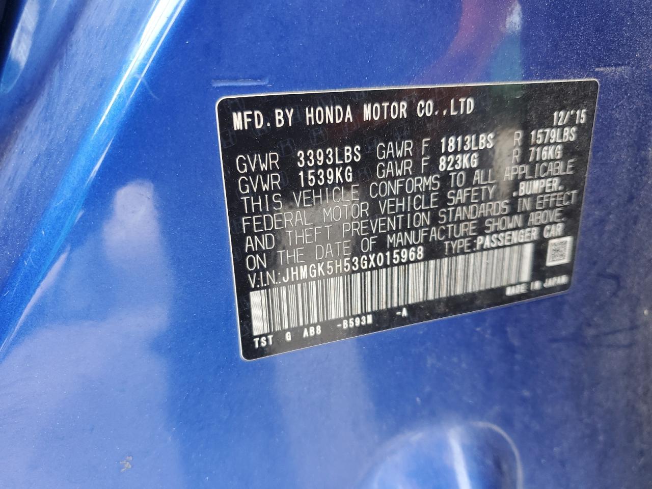 2016 Honda Fit Lx VIN: JHMGK5H53GX015968 Lot: 80296585