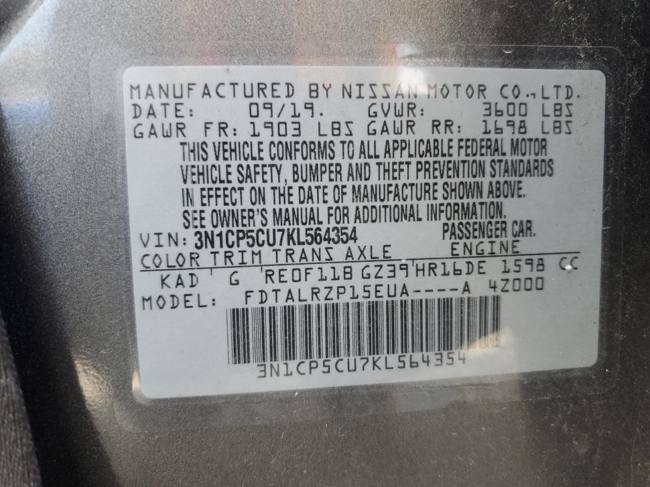 2019 Nissan Kicks S VIN: 3N1CP5CU7KL564354 Lot: 71359955