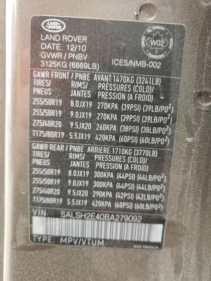 2011 Land Rover Range Rover Sport Sc VIN: SALSH2E40BA279092 Lot: 13830911