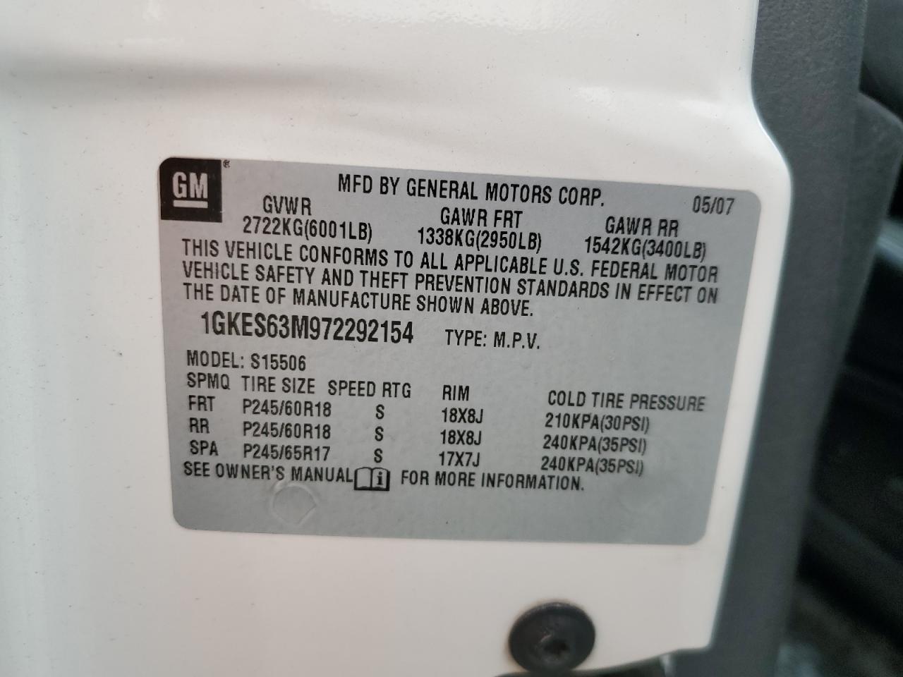 2007 GMC Envoy Denali VIN: 1GKES63M972292154 Lot: 71540645