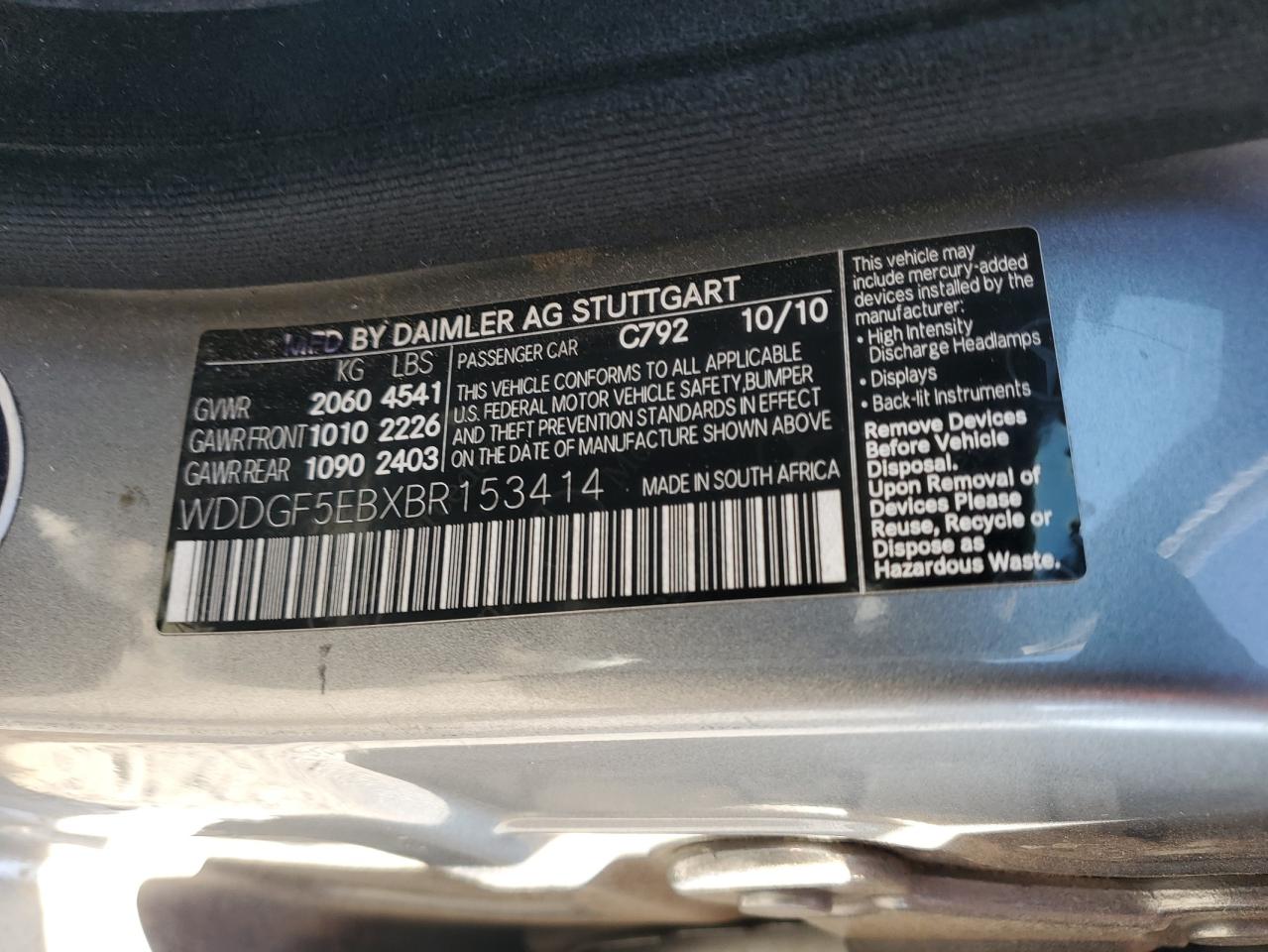 2011 Mercedes-Benz C 300 VIN: WDDGF5EBXBR153414 Lot: 92886805