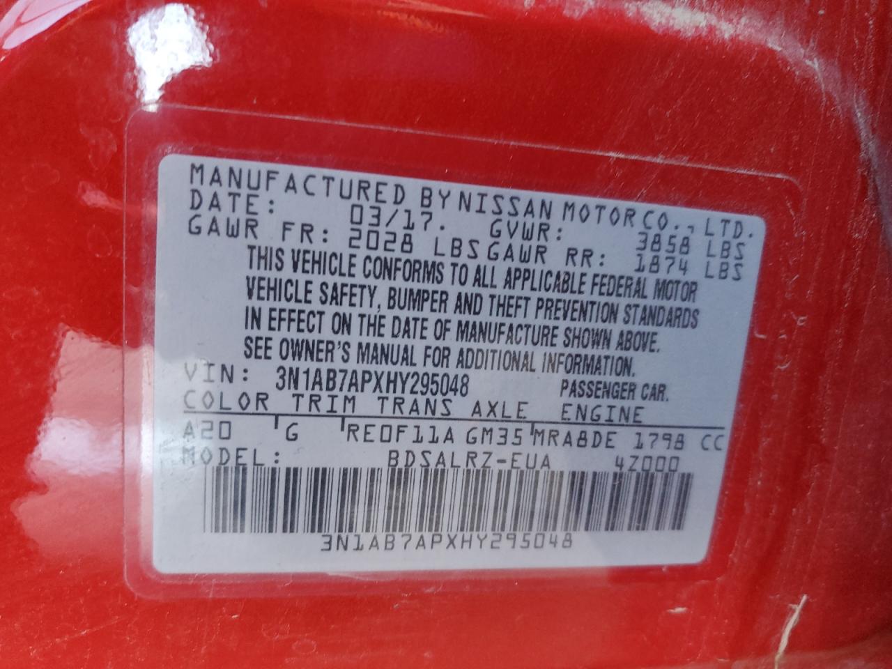 2017 Nissan Sentra S VIN: 3N1AB7APXHY295048 Lot: 81764285