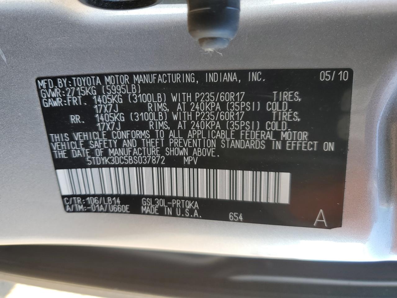 2011 Toyota Sienna Xle VIN: 5TDYK3DC5BS037872 Lot: 81251495