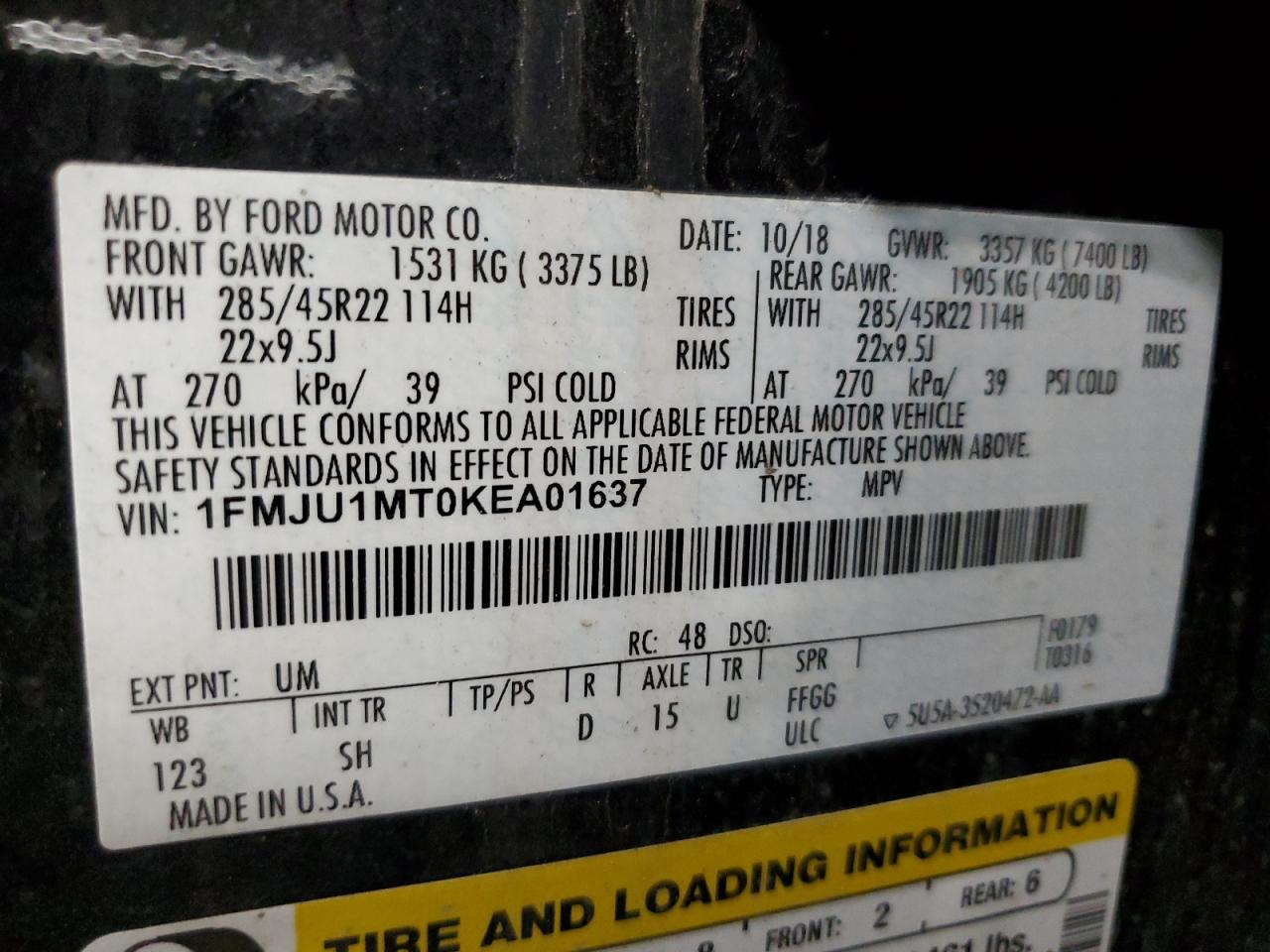 2019 Ford Expedition Platinum VIN: 1FMJU1MT0KEA01637 Lot: 80885245