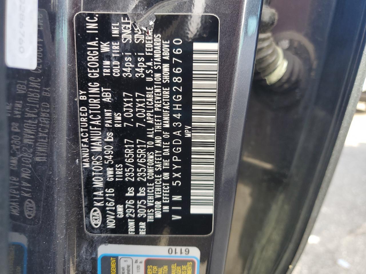 2017 Kia Sorento Lx VIN: 5XYPGDA34HG286760 Lot: 81826235