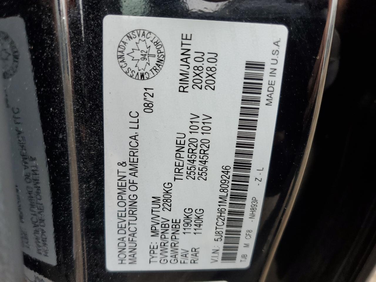 2021 Acura Rdx A-Spec VIN: 5J8TC2H61ML809246 Lot: 84042855