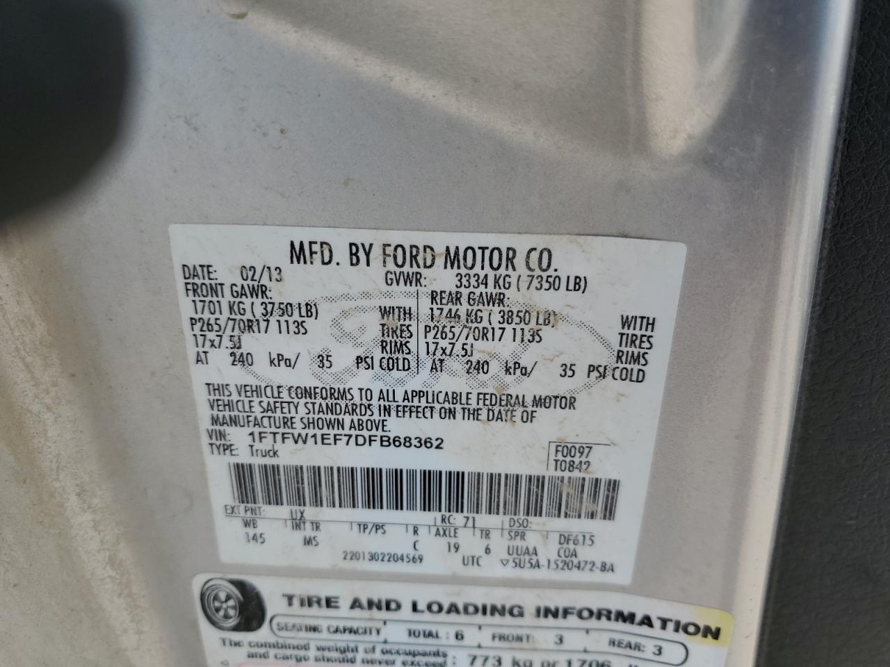 2013 Ford F150 Supercrew VIN: 1FTFW1EF7DFB68362 Lot: 71796645