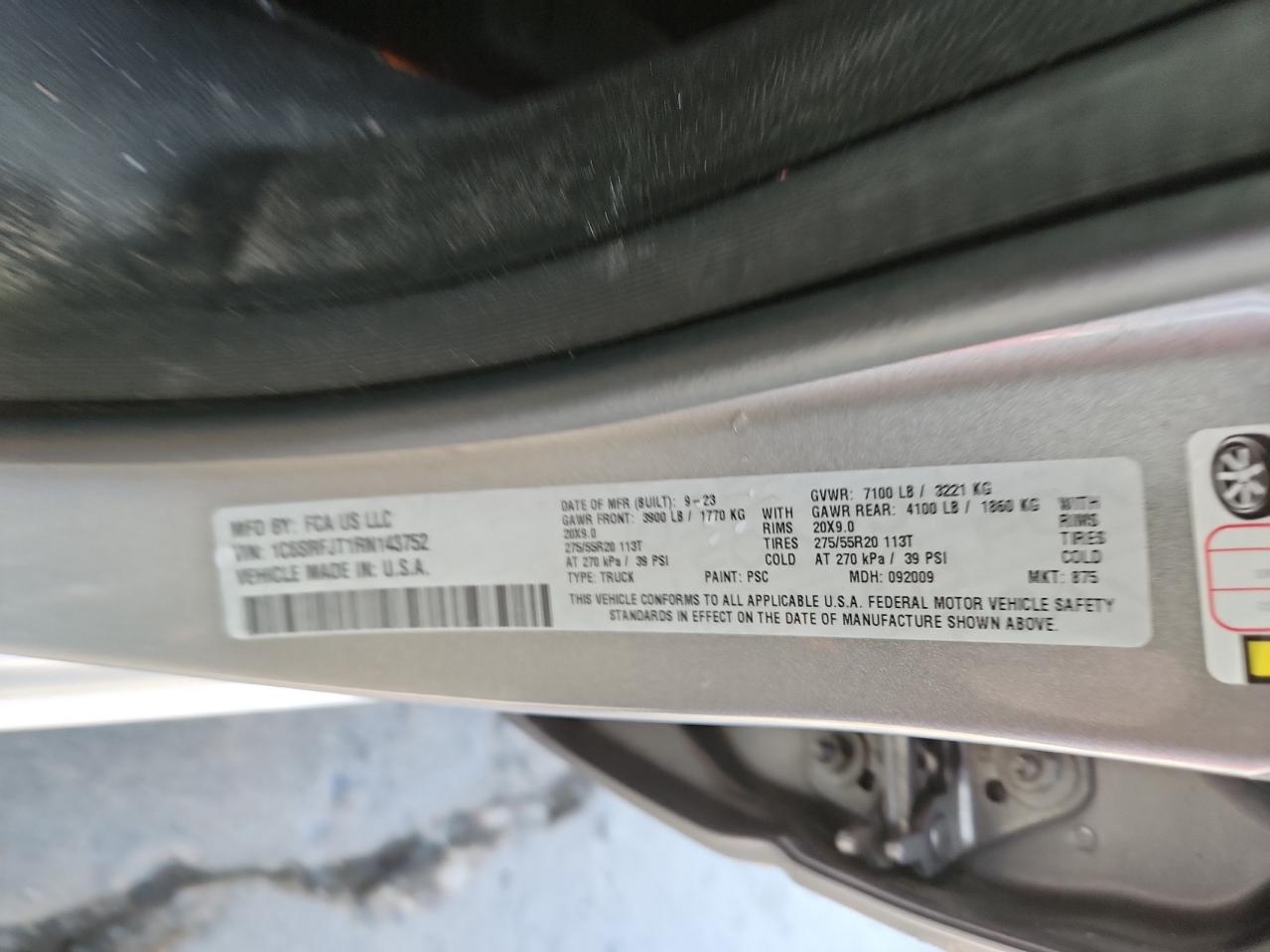 2024 Ram 1500 Laramie VIN: 1C6SRFJT1RN143752 Lot: 84783465