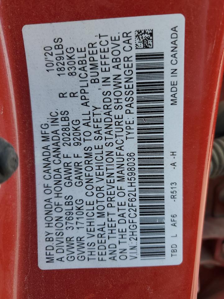 2020 Honda Civic Lx VIN: 2HGFC2F62LH598036 Lot: 80194485