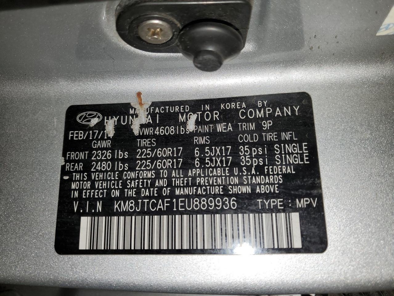 2014 Hyundai Tucson Gls VIN: KM8JTCAF1EU889936 Lot: 81927725