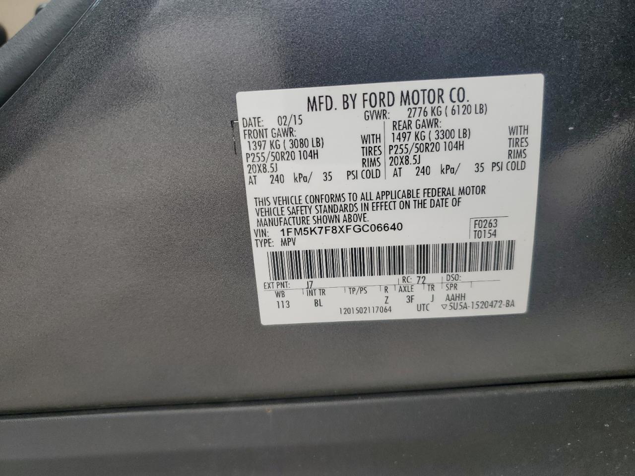 2015 Ford Explorer Limited VIN: 1FM5K7F8XFGC06640 Lot: 81864365