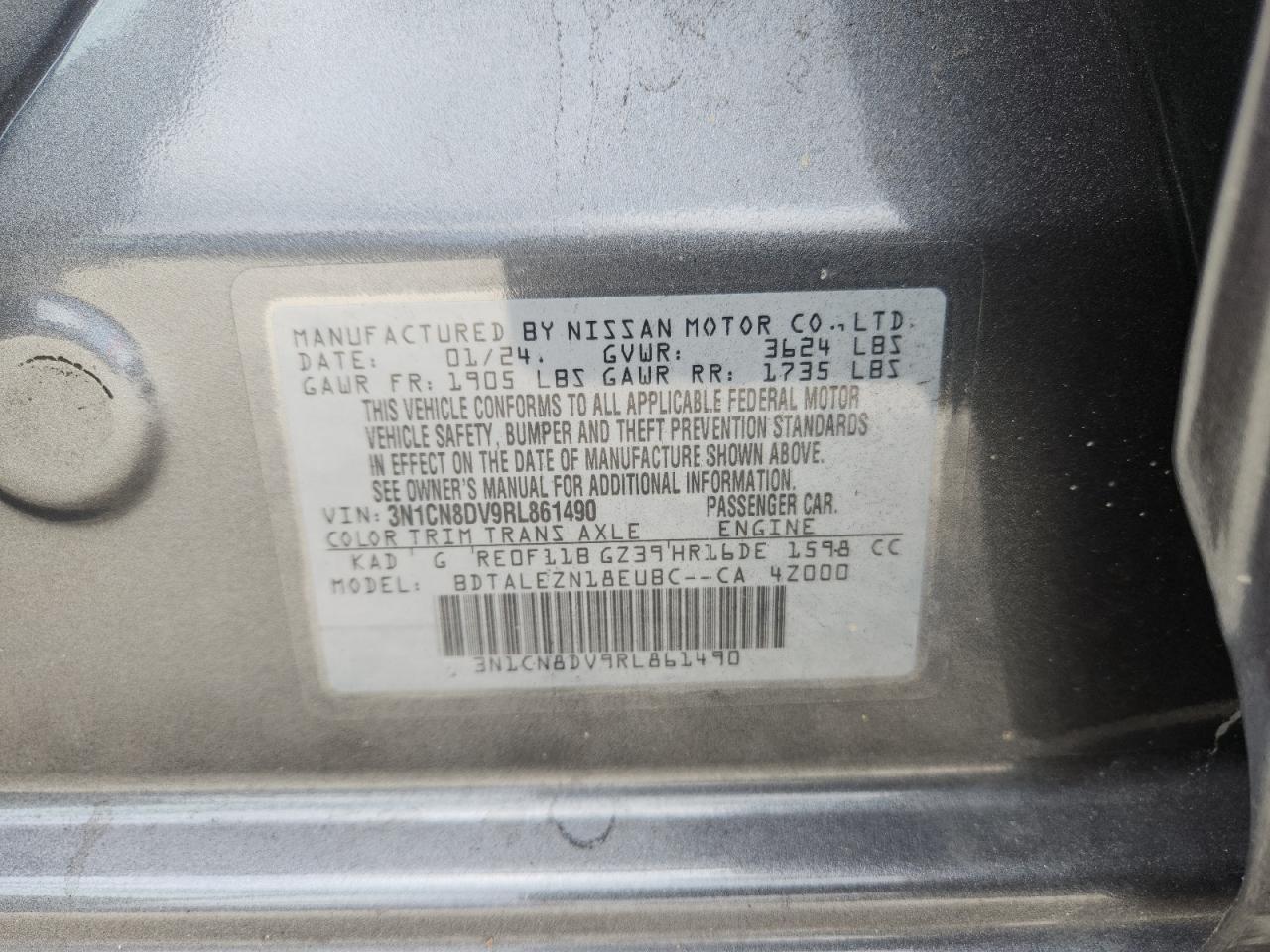 2024 Nissan Versa S VIN: 3N1CN8DV9RL861490 Lot: 82113035