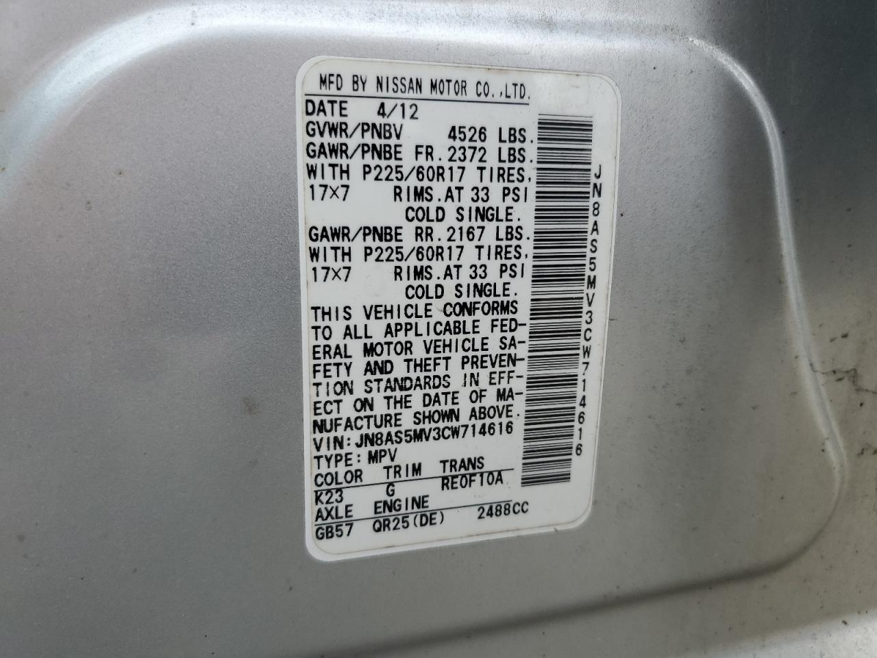 2012 Nissan Rogue S VIN: JN8AS5MV3CW714616 Lot: 84022415