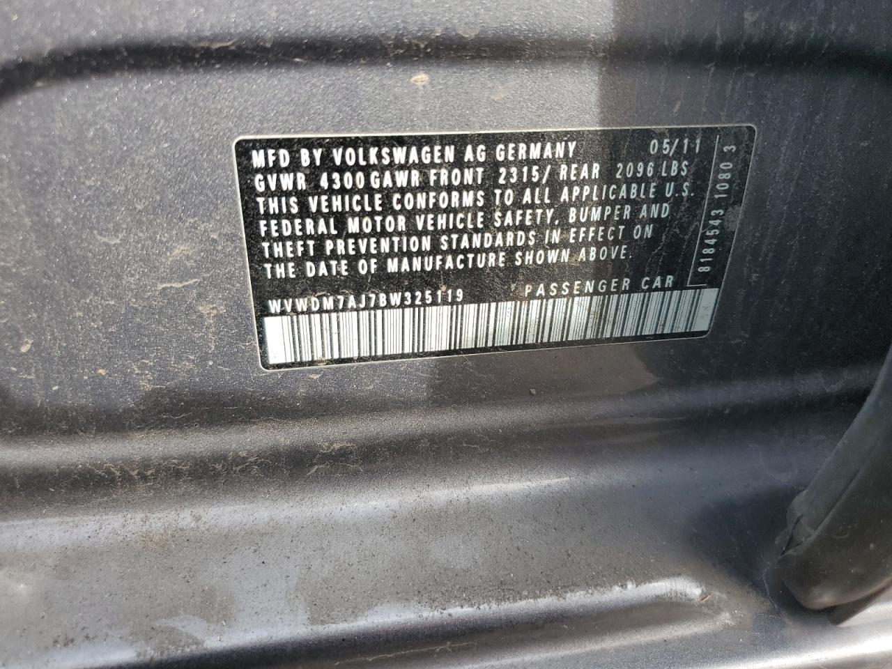 2011 Volkswagen Golf VIN: WVWDM7AJ7BW325119 Lot: 69226165