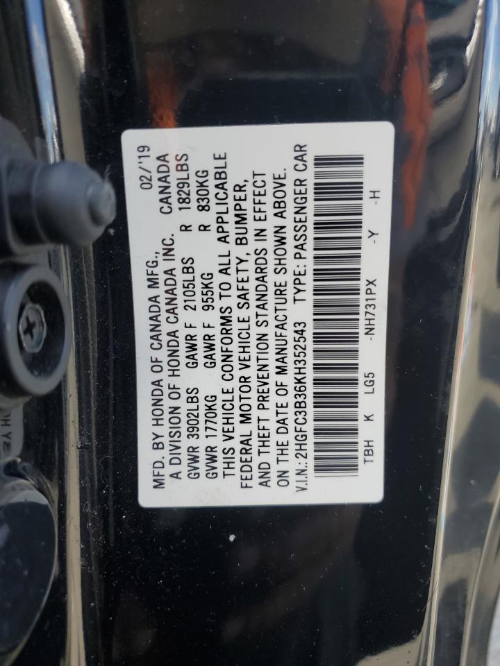 2019 Honda Civic Ex VIN: 2HGFC3B36KH352543 Lot: 72058445