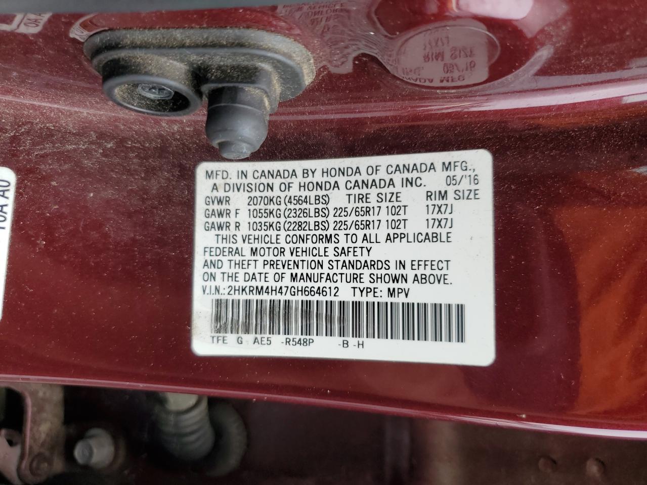 2016 Honda Cr-V Se VIN: 2HKRM4H47GH664612 Lot: 82116235