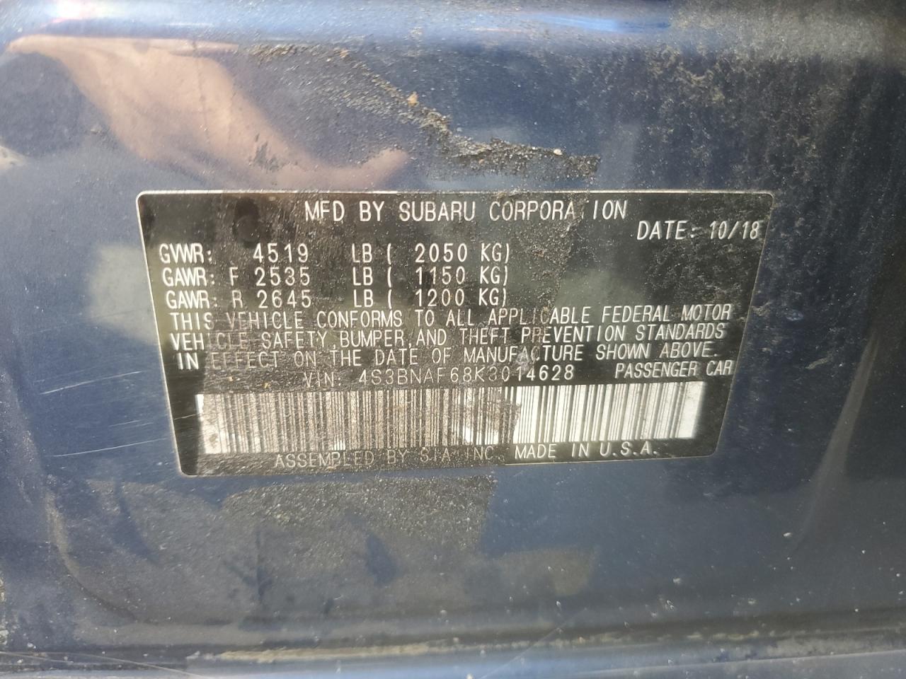 2019 Subaru Legacy 2.5I Premium VIN: 4S3BNAF68K3014628 Lot: 80020015