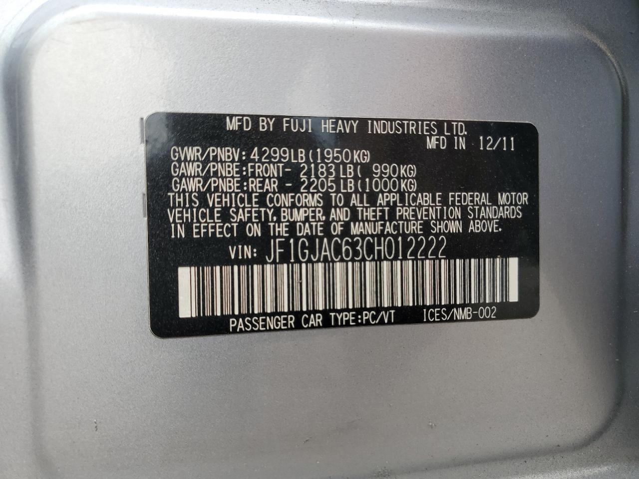 2012 Subaru Impreza Premium VIN: JF1GJAC63CH012222 Lot: 81213145