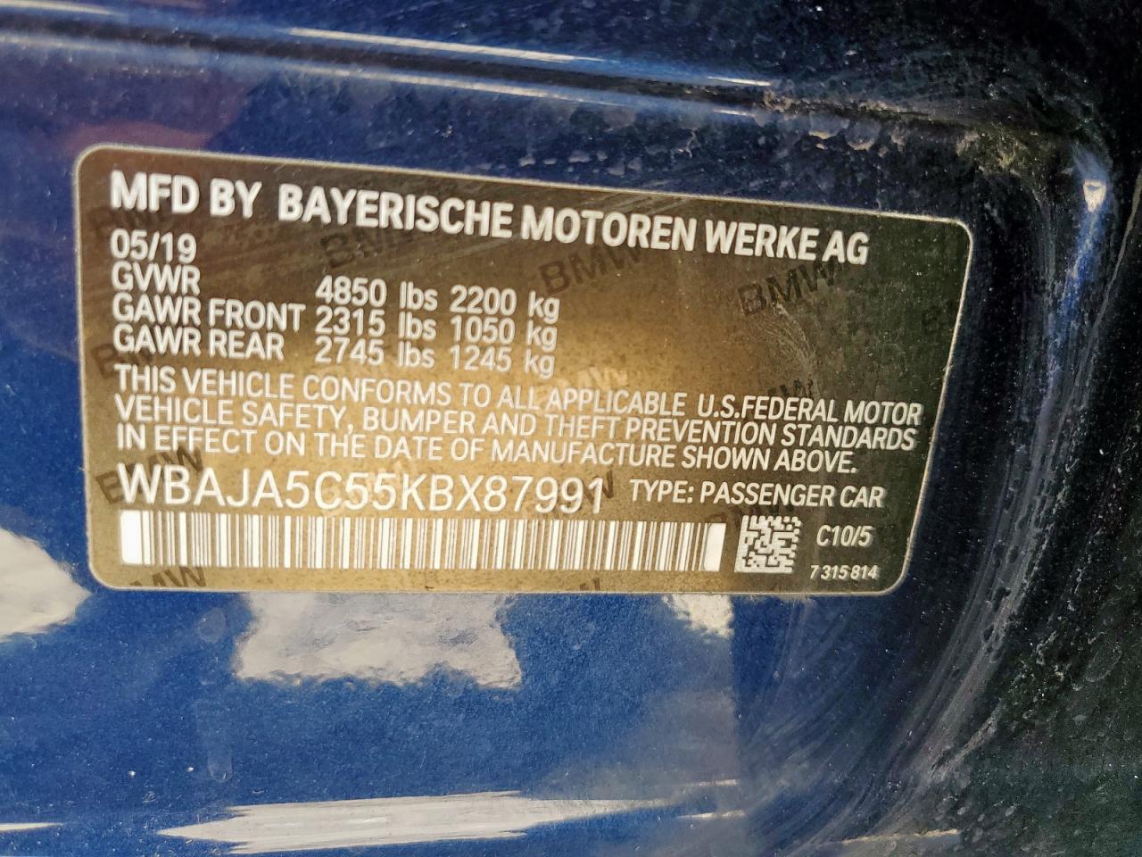 2019 BMW 530 I VIN: WBAJA5C55KBX87991 Lot: 71306015