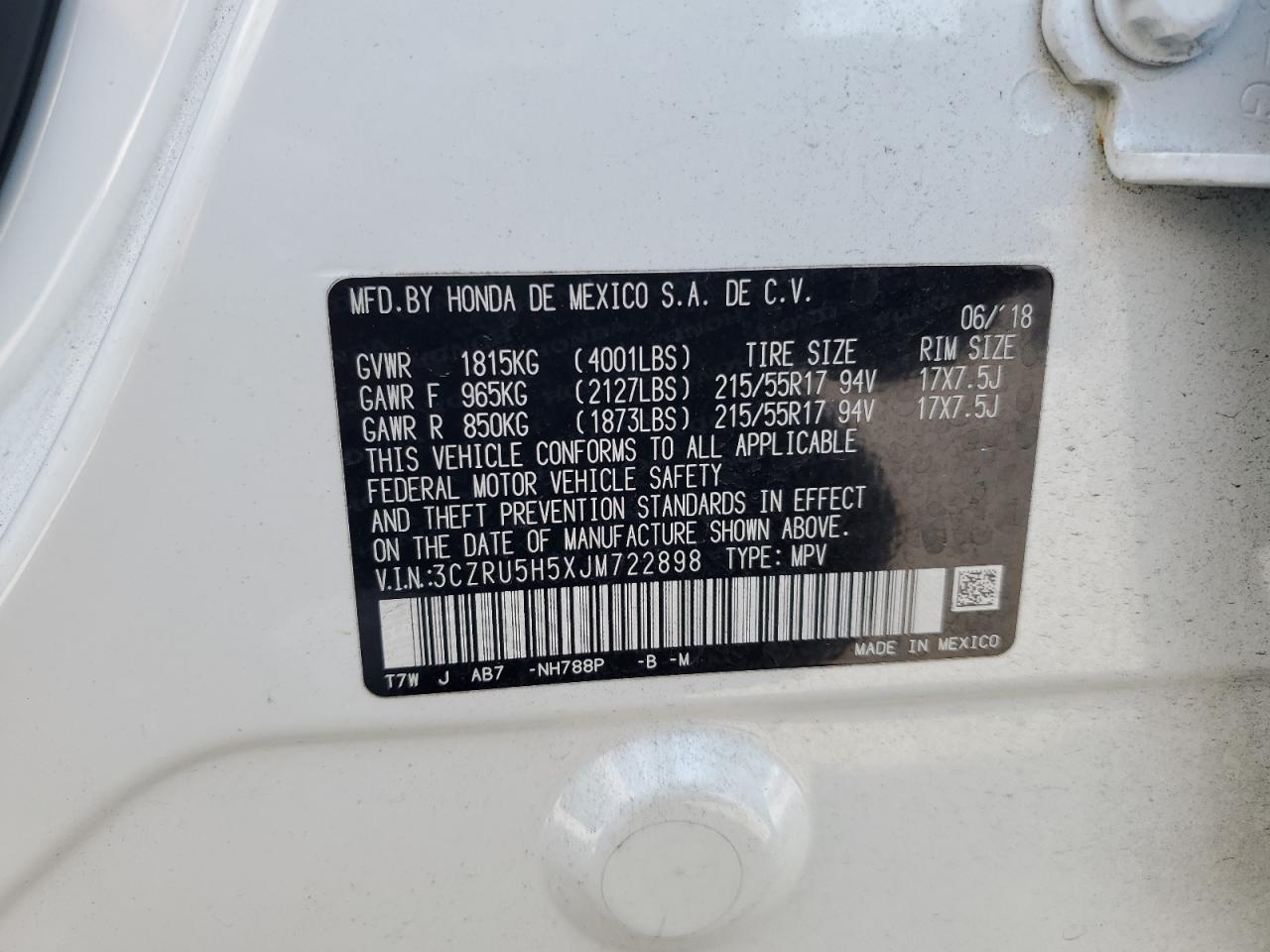 2018 Honda Hr-V Ex VIN: 3CZRU5H5XJM722898 Lot: 80361855