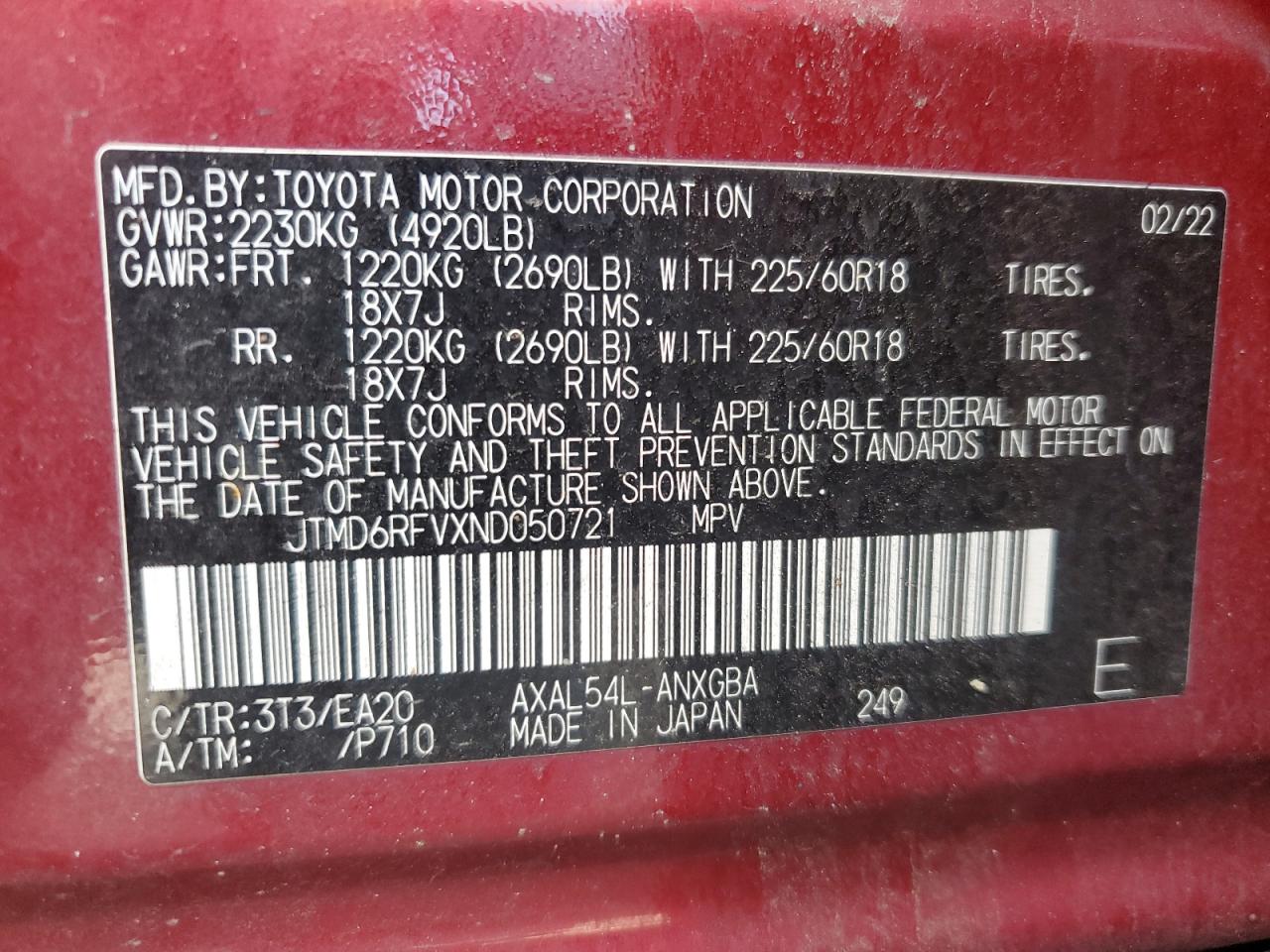 2022 Toyota Rav4 Limited VIN: JTMD6RFVXND050721 Lot: 71164955